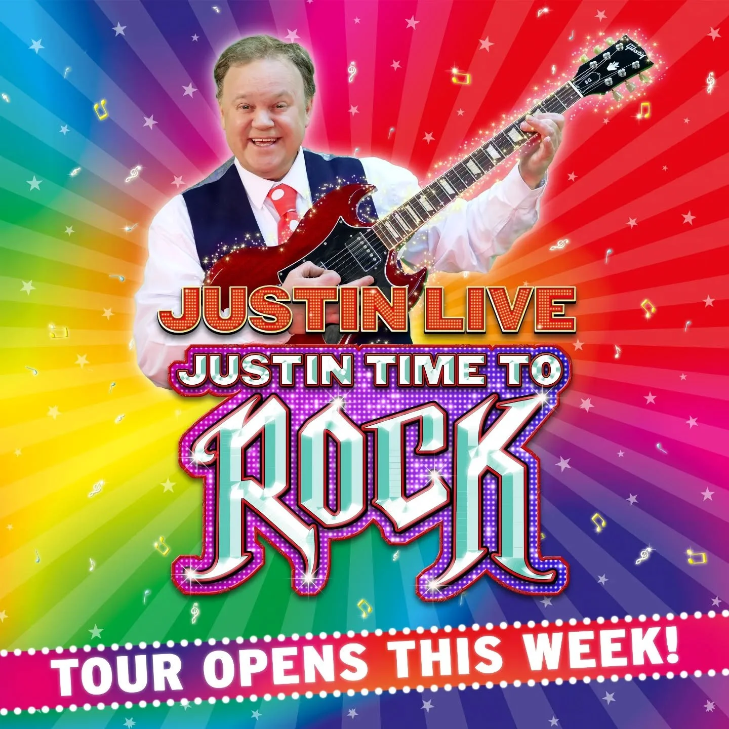 We&rsquo;re&nbsp;so&nbsp;excited that the&nbsp;Justin Live &ndash;&nbsp;Justin Time to Rock&nbsp;tour starring children&rsquo;s TV legend Justin Fletcher officially kicks off THIS WEEK!&nbsp;🤘🔥
Get ready for unforgettable show full of music and ene