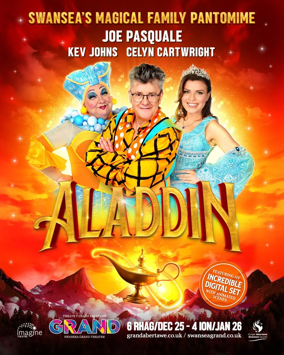 Comedy legend JOE PASQUALE, Swansea's own KEV JOHNS and Welsh Musical Theatre star CELYN CARTWRIGHT will star in Swansea's magical family pantomime Aladdin this December! The show will also feature an incredible digital set with animated scenes. Show