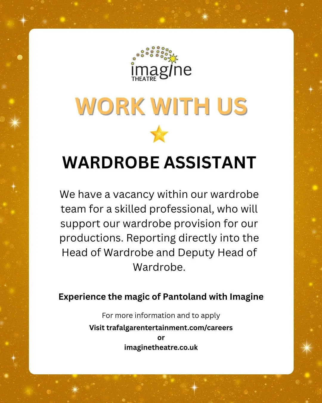 We have a vacancy within our wardrobe team for a skilled professional, who will support our wardrobe provision for our productions.

As a Wardrobe Assistant the individual will support the costume department by managing, maintaining, and repairing ga