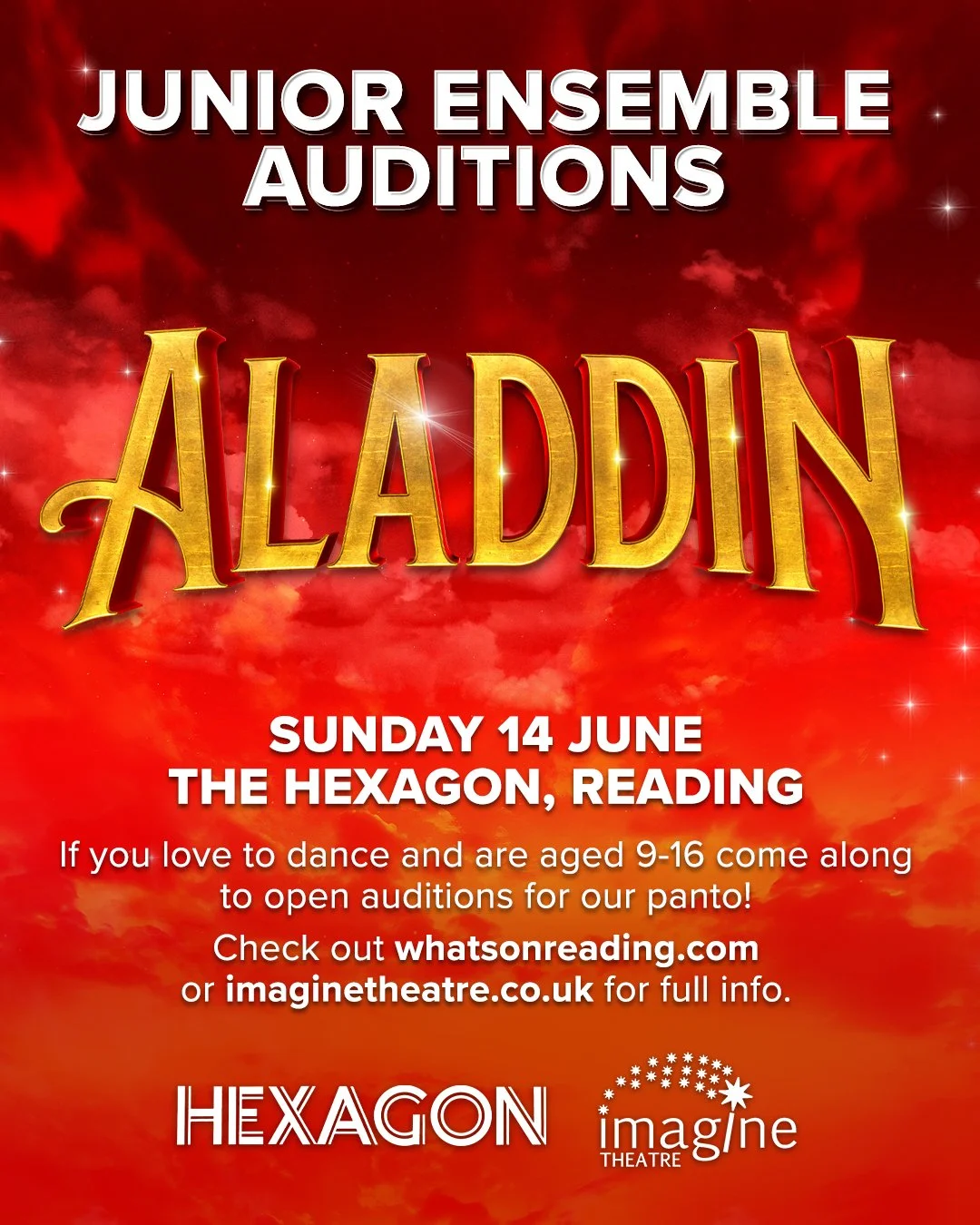 AUDITION REMINDER!
This weekend marks our first Junior Ensemble auditions of the season 🎭
We&rsquo;re kicking things off with Aladdin at The Hexagon in Reading&mdash;good luck to everyone taking part!
@thehexagonrdg