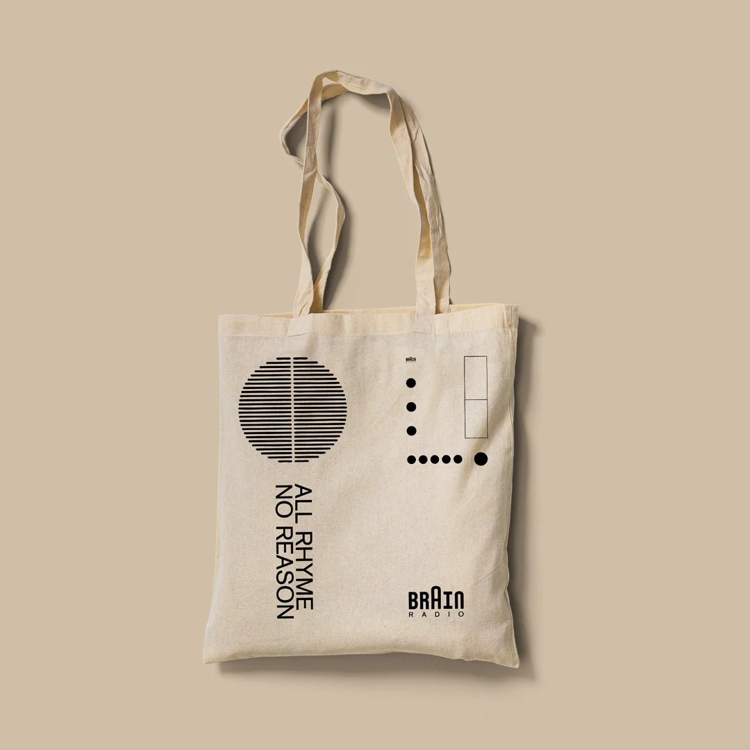 Tote bag with minimal Braun style speaker graphics