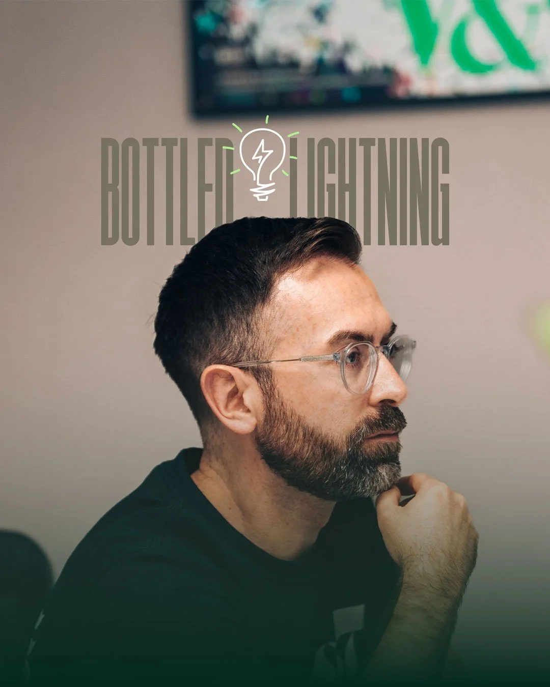 Picture of Paul Andrew with text reading "Bottled Lightning" placed behind him and a lightbulb graphic above his head