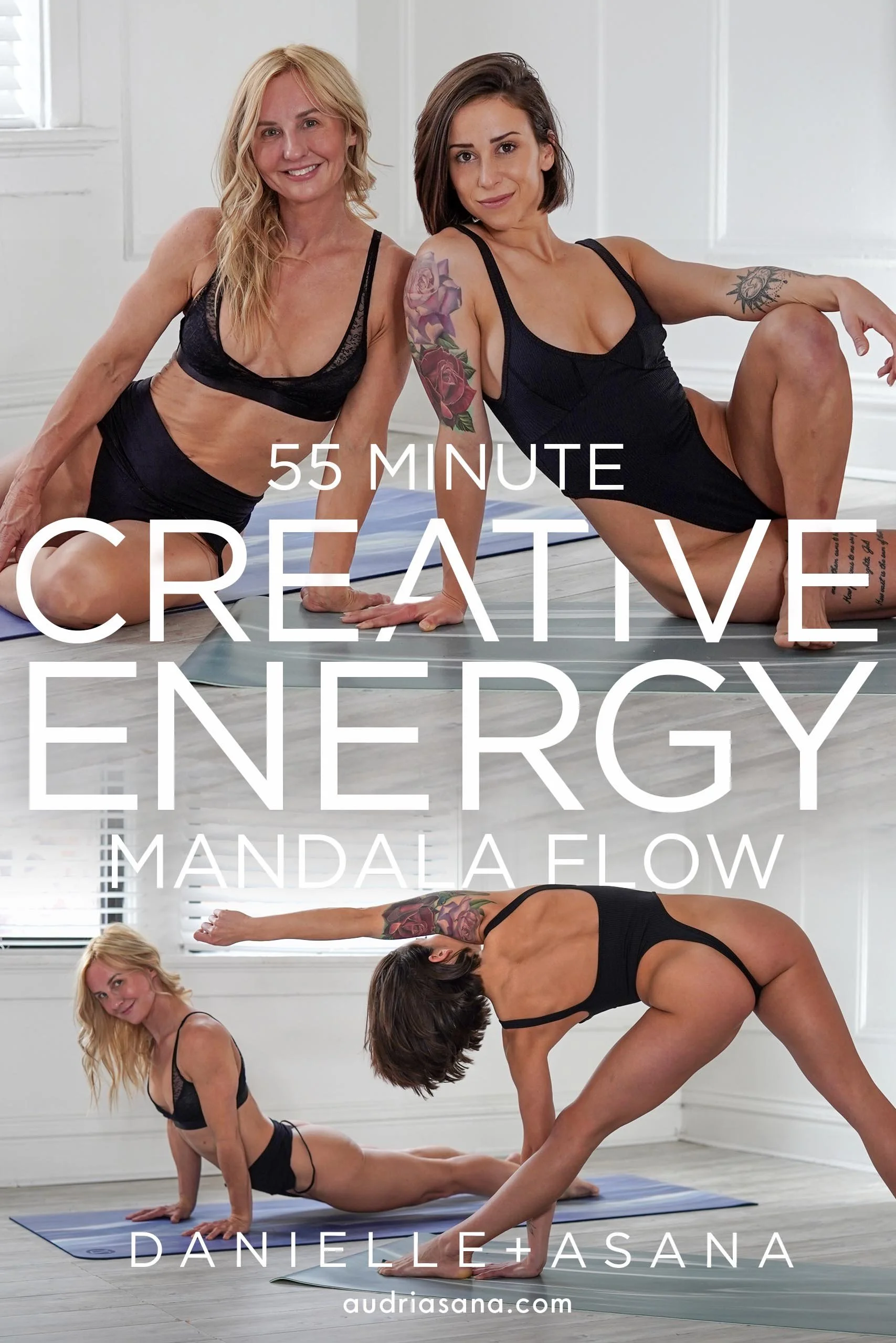 Two women practicing yoga indoors on yoga mats, one in a seated pose and the other in a forward bend, smiling at the camera.