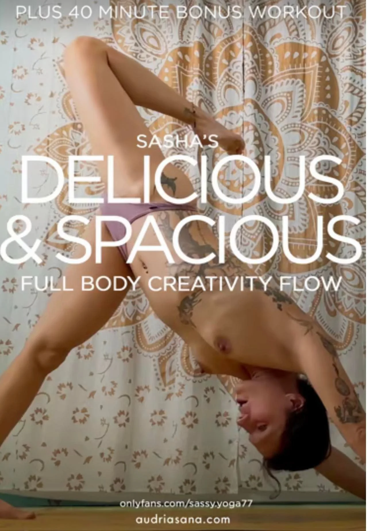 A woman is doing a yoga pose on a patterned mat, with text overlay advertising a full body creativity flow workout and links to an OnlyFans page and personal website.