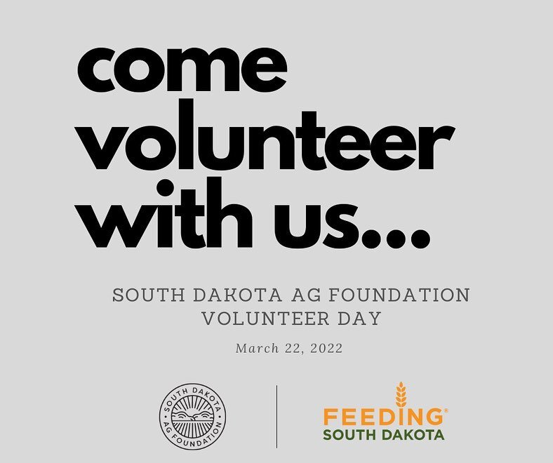 REMINDER! You can join us in celebrating National Ag Week by volunteering at Feeding South Dakota Distribution Centers in Rapid City, Sioux Falls, and Pierre. 📦&nbsp;⁣
⁣
Join us on #VolunteerDay! ⏰ March 22, 2022 1:00 to 4:00 p.m. Feeding South Dako