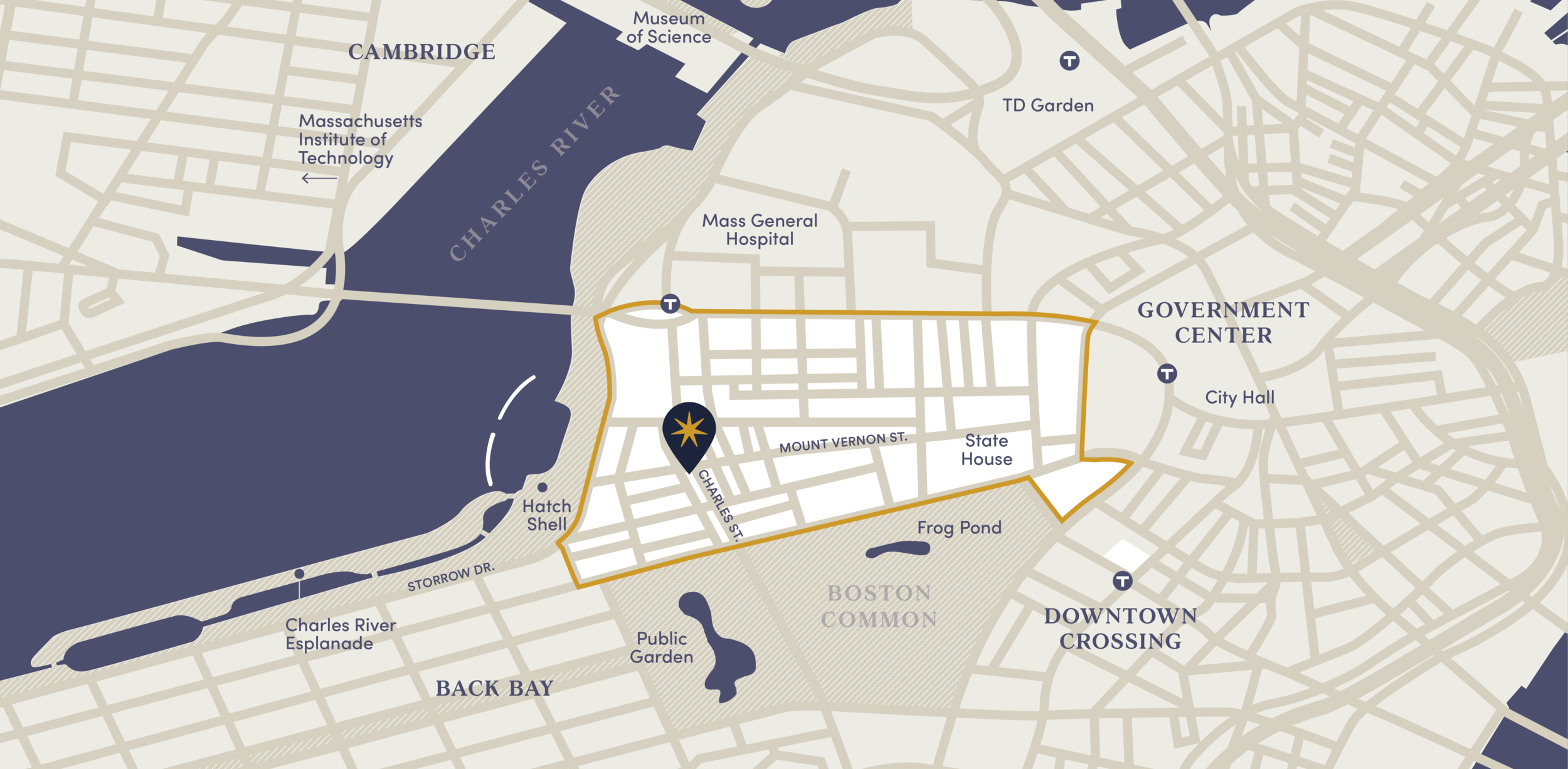 Custom map for Perseid Ventures of downtown Boston, showing locations such as Charles River, Museum of Science, Massachusetts Institute of Technology, Mass General Hospital, and Boston Common with surrounding neighborhoods and streets.