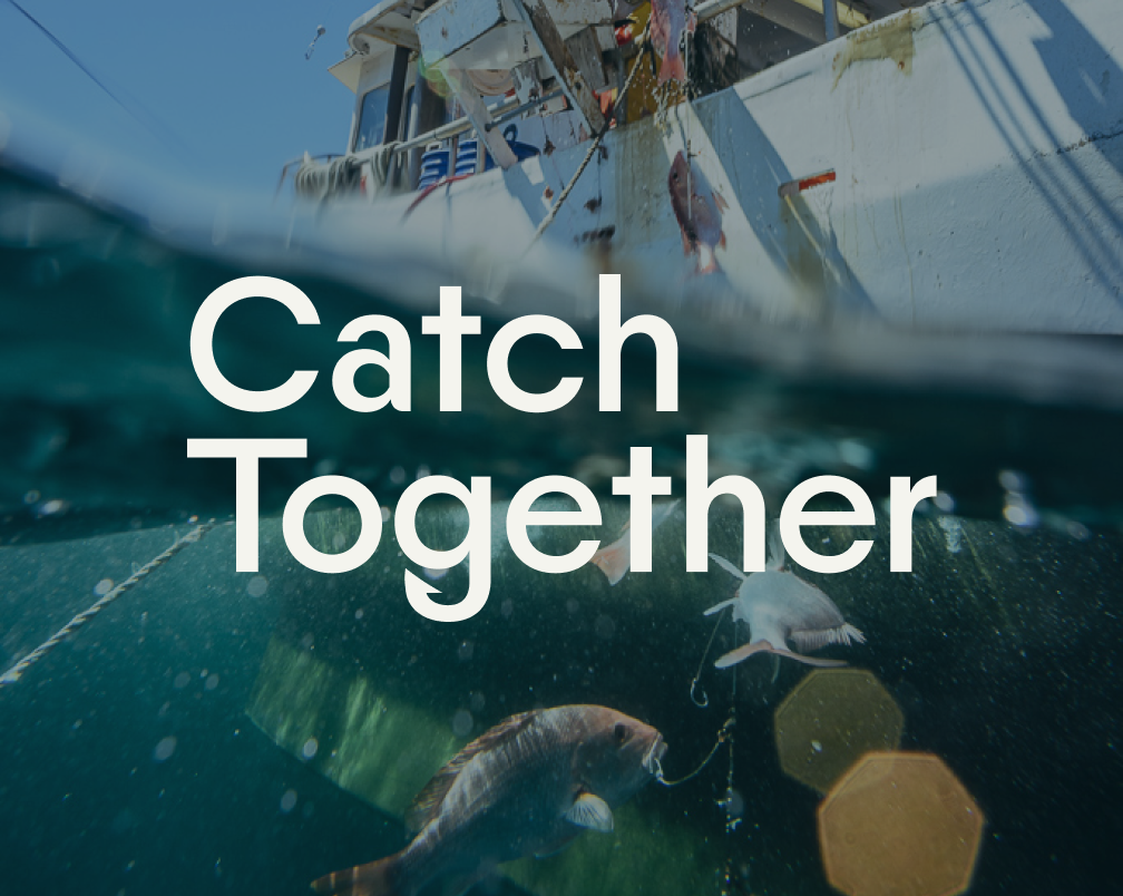 A boat on the water with a fishing line and several fish caught, with the text 'Catch Together' overlaid.
