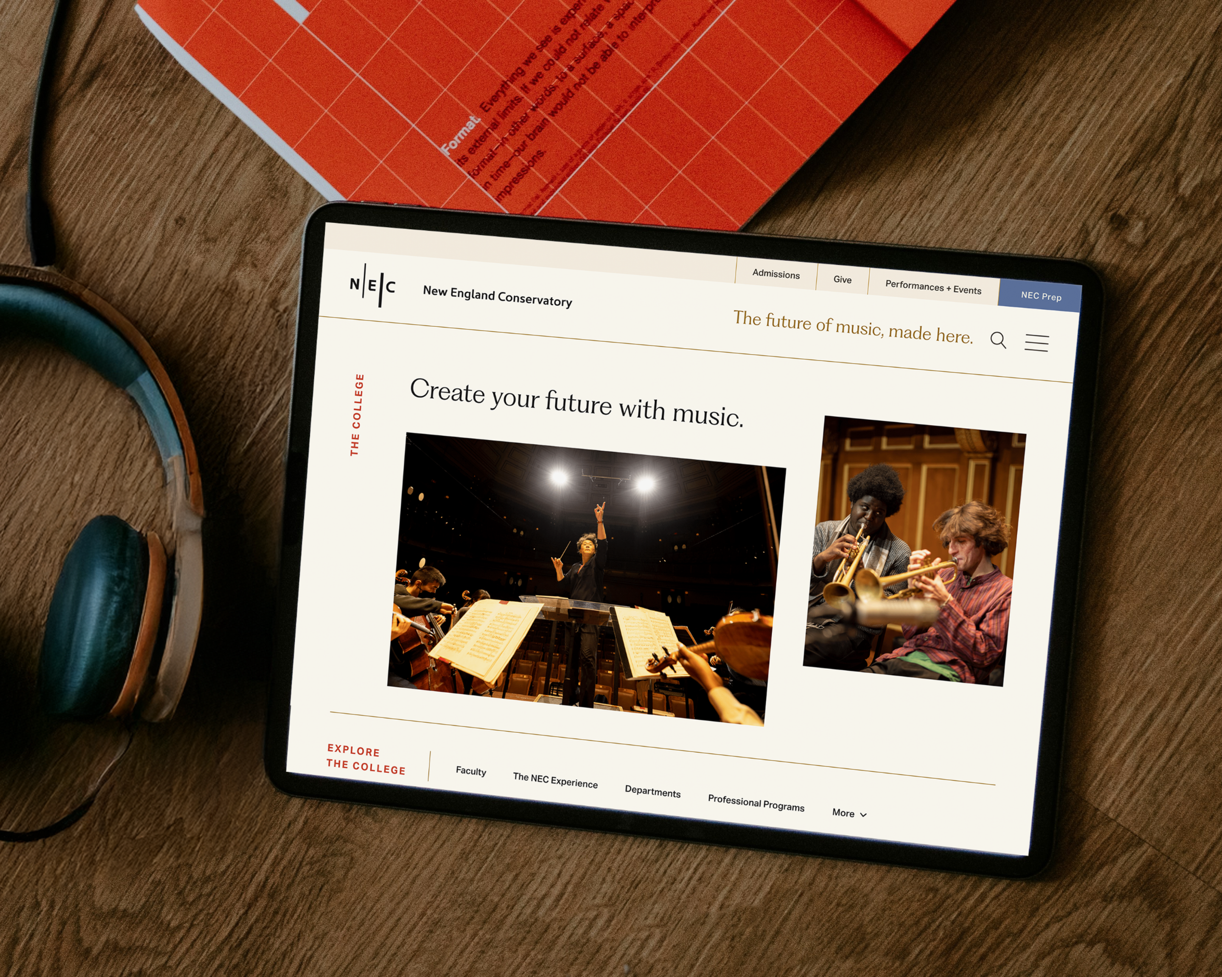 A tablet displaying the New England Conservatory website, featuring a banner with the text "The future of music, made here" and an image of musicians performing on stage.