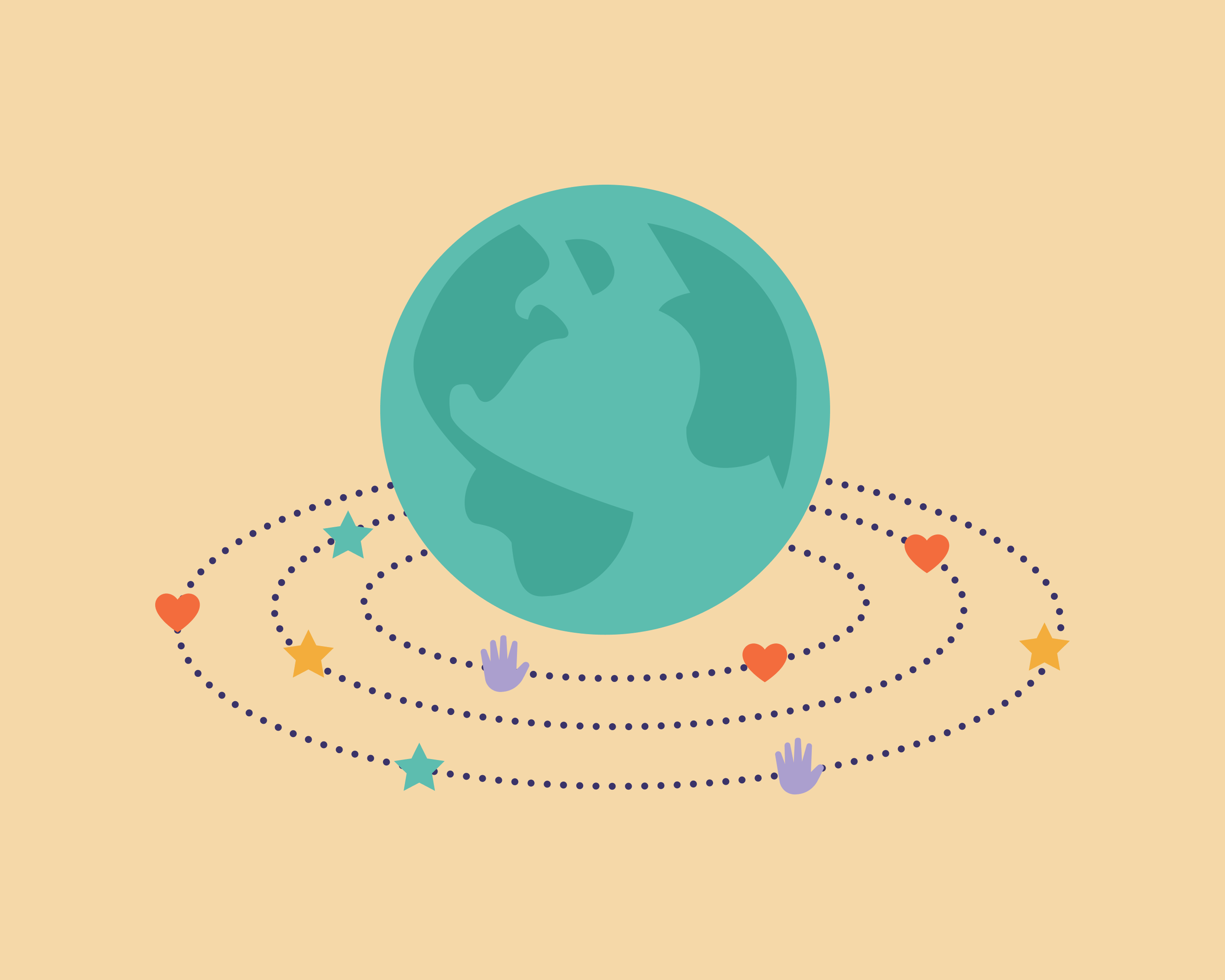 Illustration of Earth with colorful stars, hearts, and hands orbiting around it on a tan background.