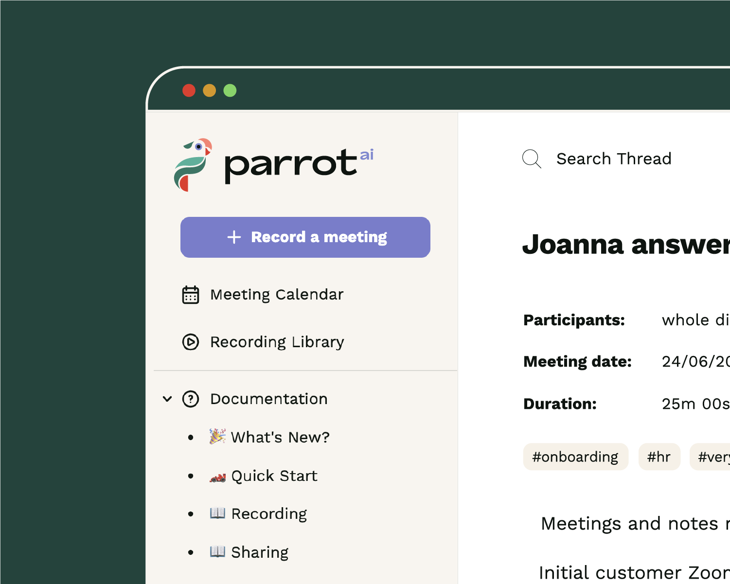 Screenshot of a web interface for Parrot AI, showing a sidebar menu with options like Record a meeting, Meeting Calendar, Recording Library, and Documentation, with a main section displaying details of a specific meeting with participants, date, and duration.
