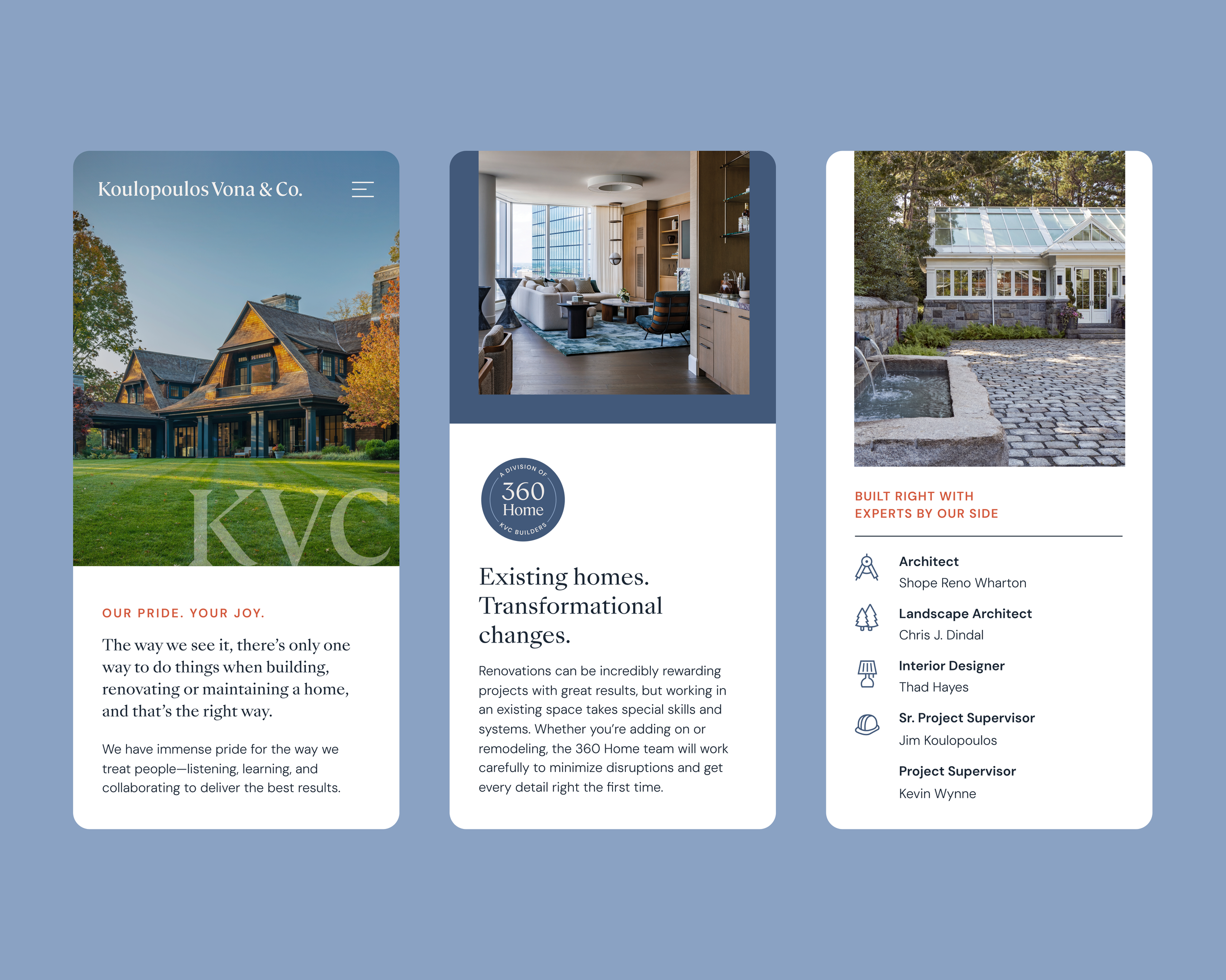 Mobile screens for Koulopoulos Vona & Co. website with information about home building and renovation services, featuring images of houses and interior spaces, with text sections describing services and team members.