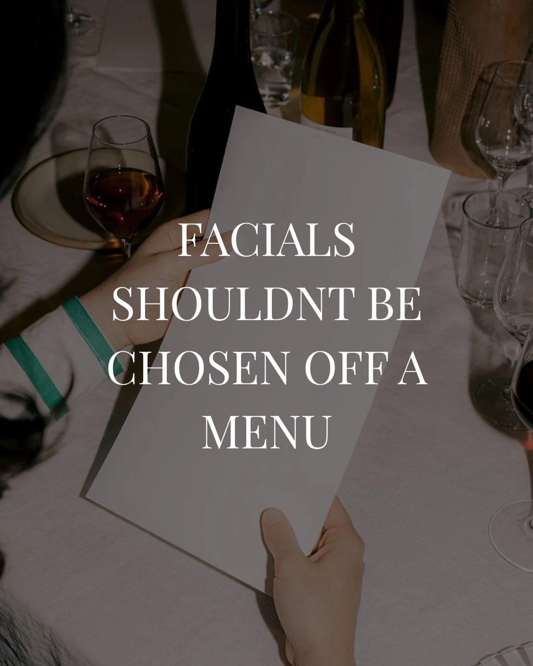 Facials shouldn&rsquo;t be chosen from a menu.

Your skin changes, and your treatment should too. Every visit starts with an in-the-moment assessment so we can treat what your skin actually needs that day.

Thoughtful, intuitive, and completely custo