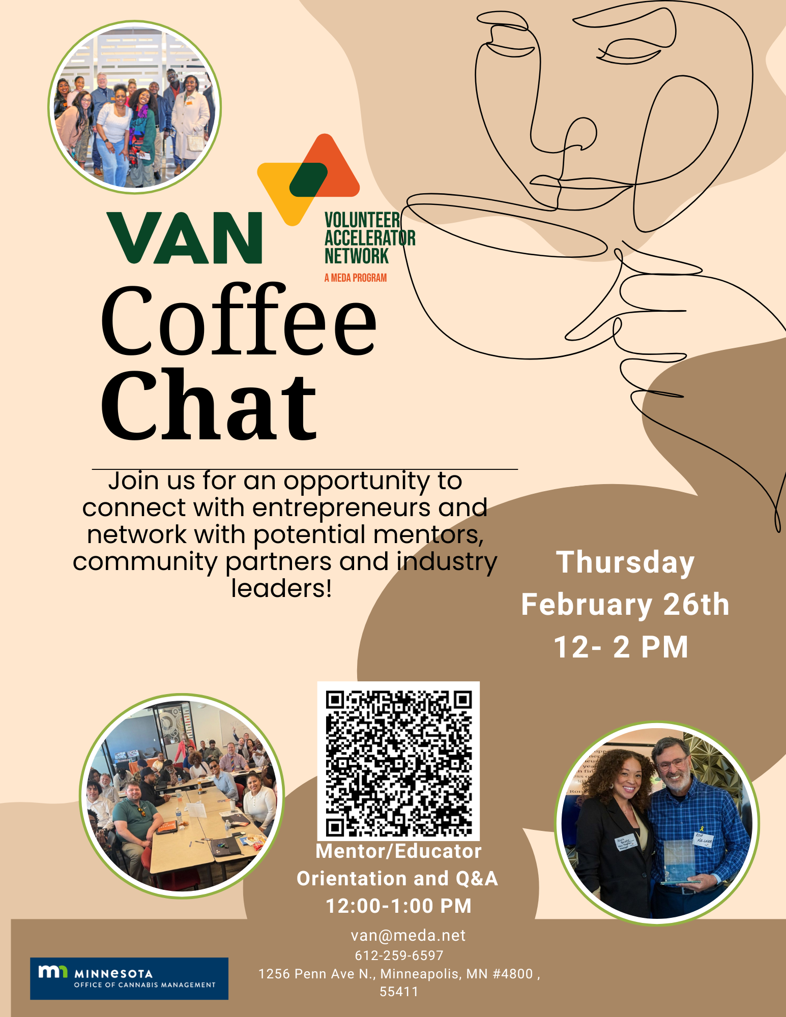 Graphic of person drinking coffee announcing upcoming Coffee Chat