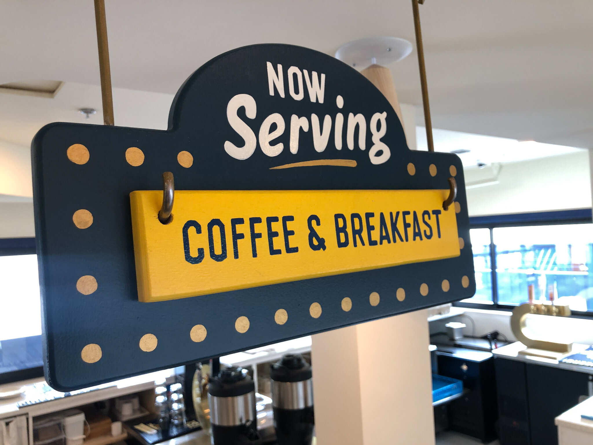 Now Serving Coffee and Breakfast - Handpainted interior signage 