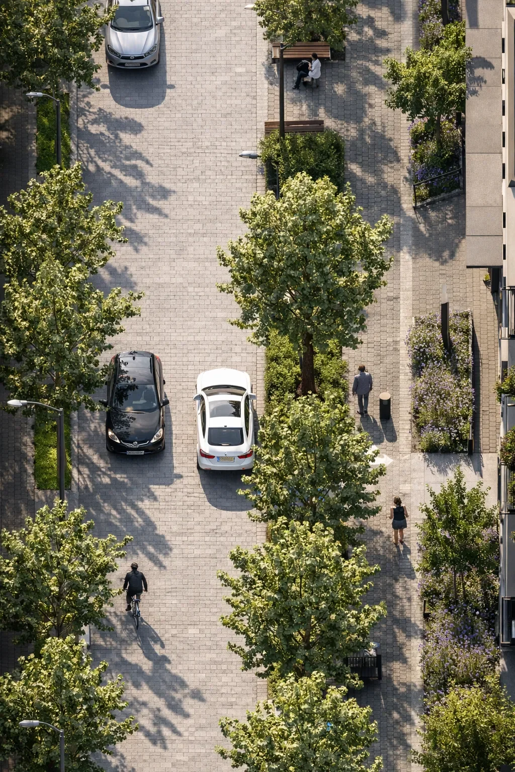 Vista aérea de una acera peatonal con árboles, personas caminando y una ciclista, y vehículos estacionados.