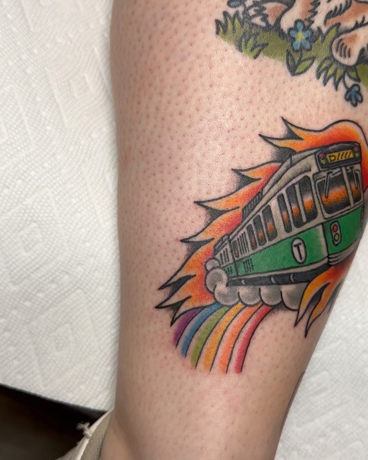 Are you even in #Boston if your public transportation isn&rsquo;t on fire? #greenline #MBTA #Boston #bostontattoo #colortattoo #traditionaltattoo #americantraditionaltattoo #weirdtattoo @theweirdtattoos #qttr @trnb.tattooists #queertattooartist #quee