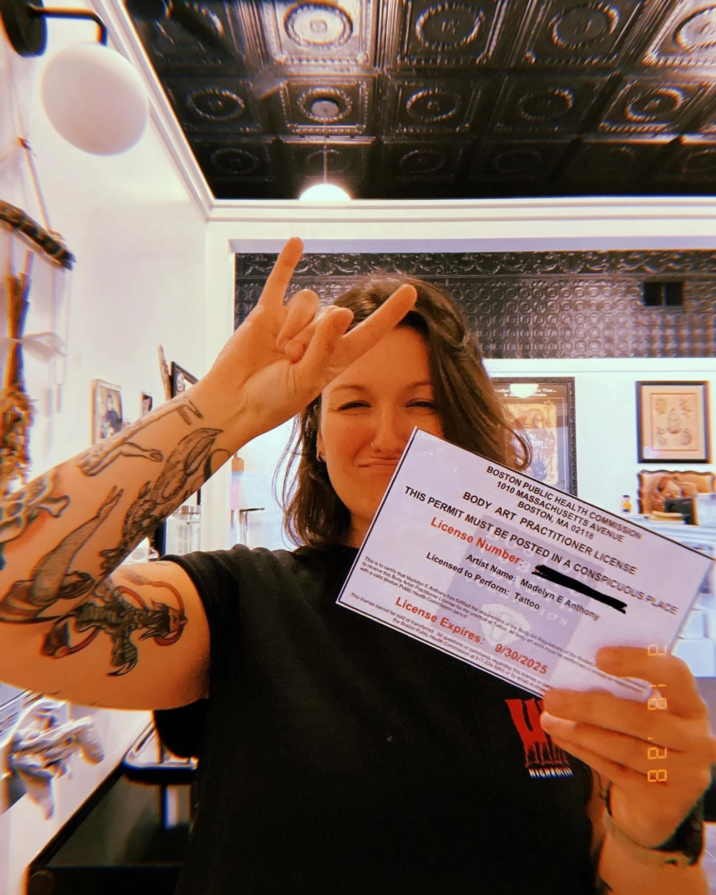 Here&rsquo;s the big news fools! Baby got her license🤘🏽 2 years, 650+ procedures, tons of cool people &amp; shit loads of sick tattoos. Thank you to @paniccity for the stellar tutelage, thank you to everyone who came in to get tattooed in these app