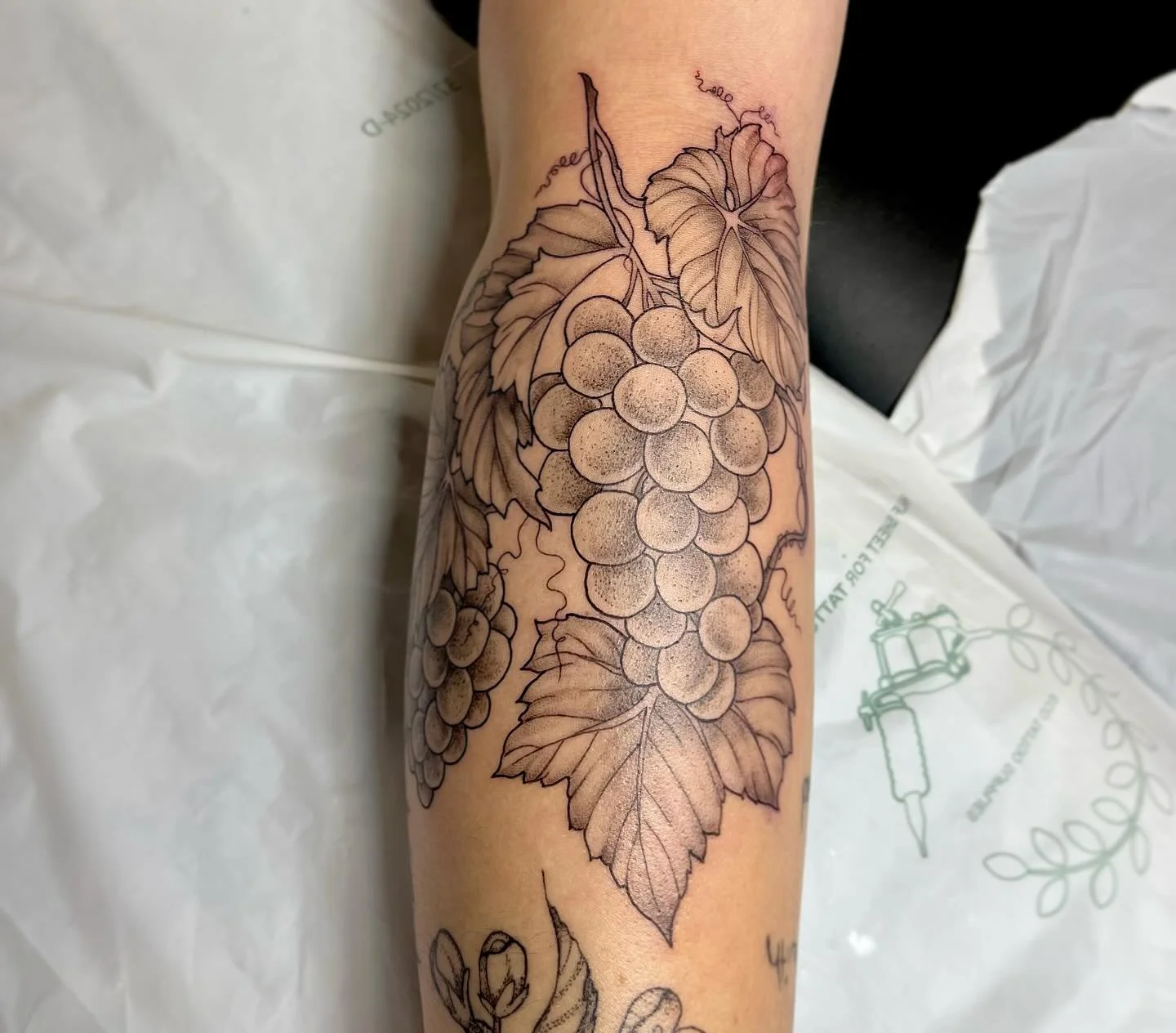 &bull;grapes🍇!!!! love love love playing around with the flow of vines to flow best with your body. More fruits, veg, herb tattoos please. Thanks Cat for the trust 🤘🏼 booking for Sept and Oct. link in bioooooo&bull;
&bull;
&bull;
&bull;
#tattoobos