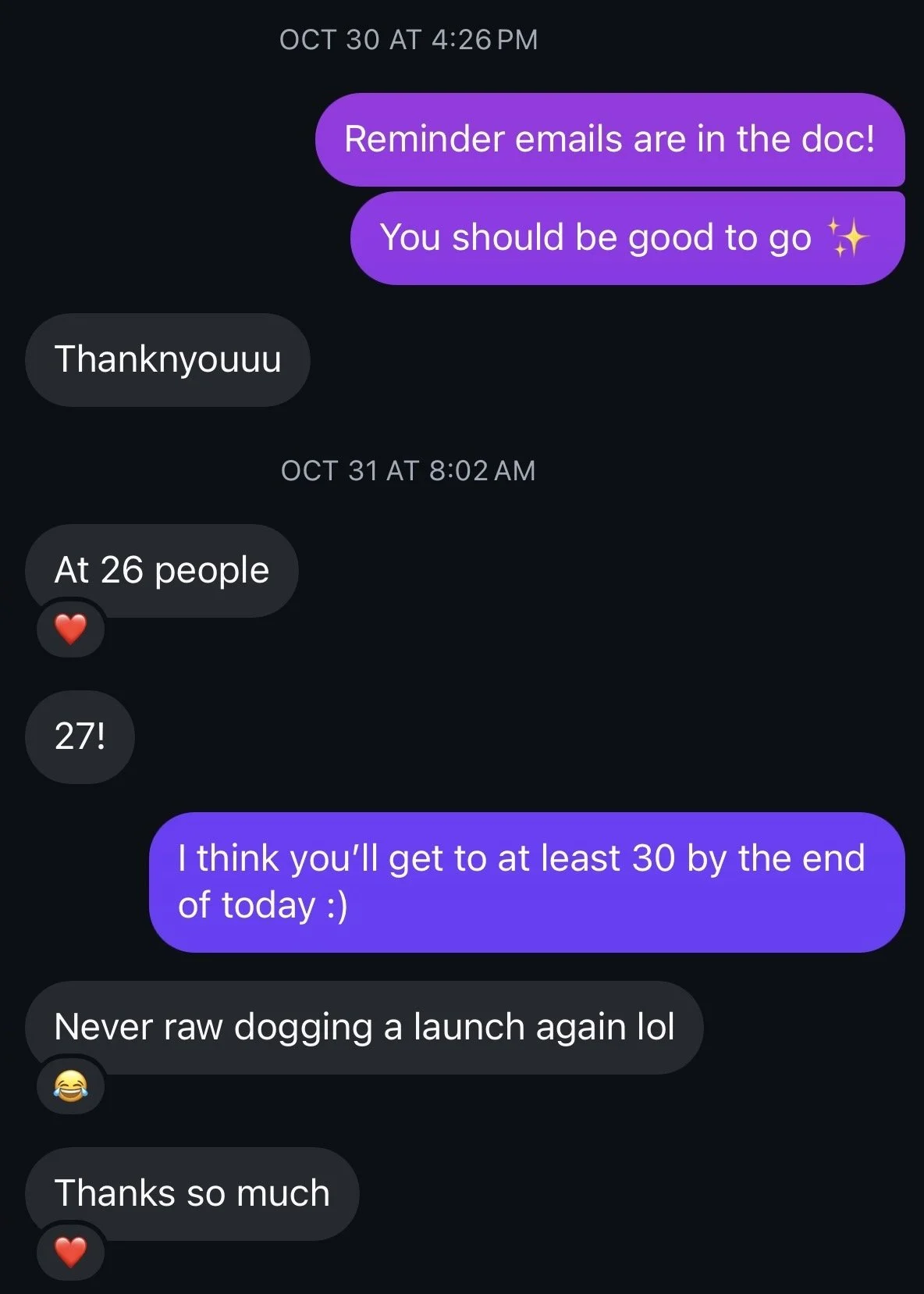 A screenshot of a text message conversation on a mobile device, showing messages about emails and a dog event with timestamps and emojis.