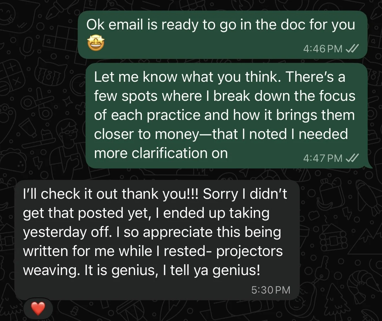 Screenshot of a WhatsApp conversation discussing email and practice focus, with a red heart emoji at the bottom.