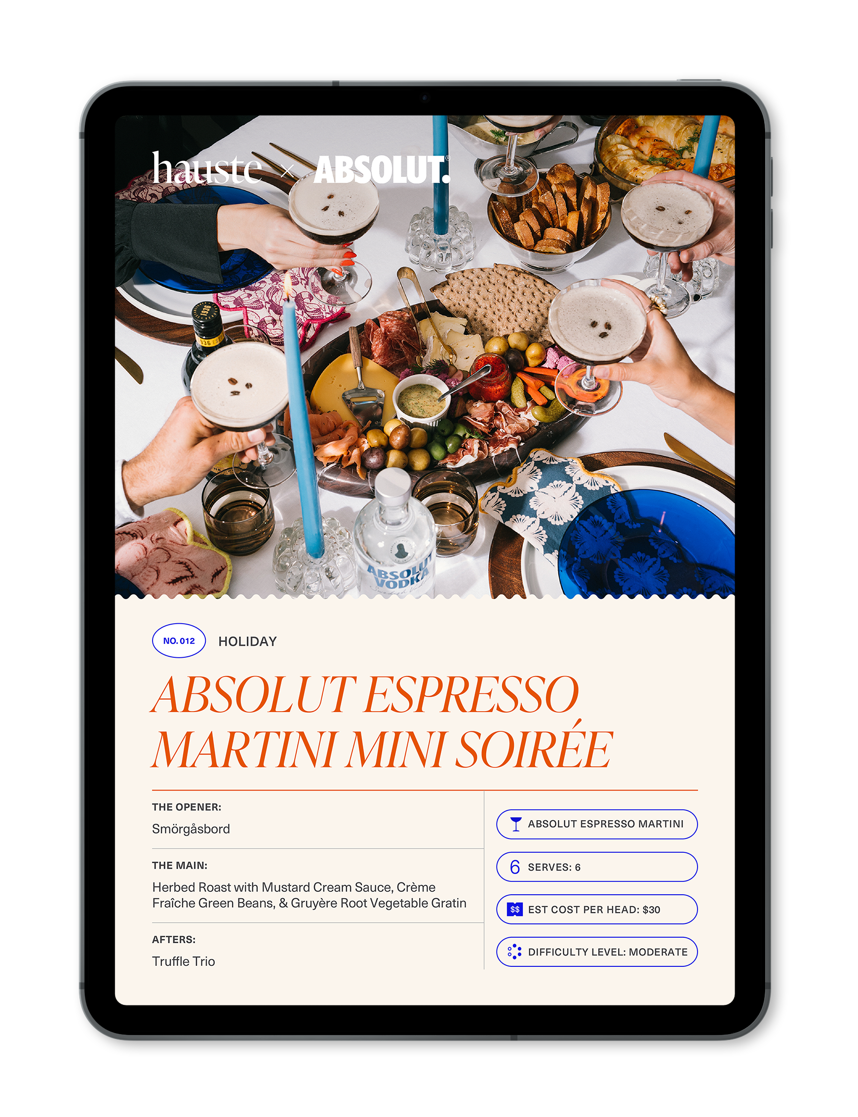 A tablet screen displays a menu for "Absolut Espresso Martini Mini Soirée" with a photo of a holiday dinner table, showing people holding espresso martinis, a charcuterie board, candles, and holiday decor.