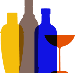 Four bottles in yellow, brown, blue, and orange next to a filled cocktail glass