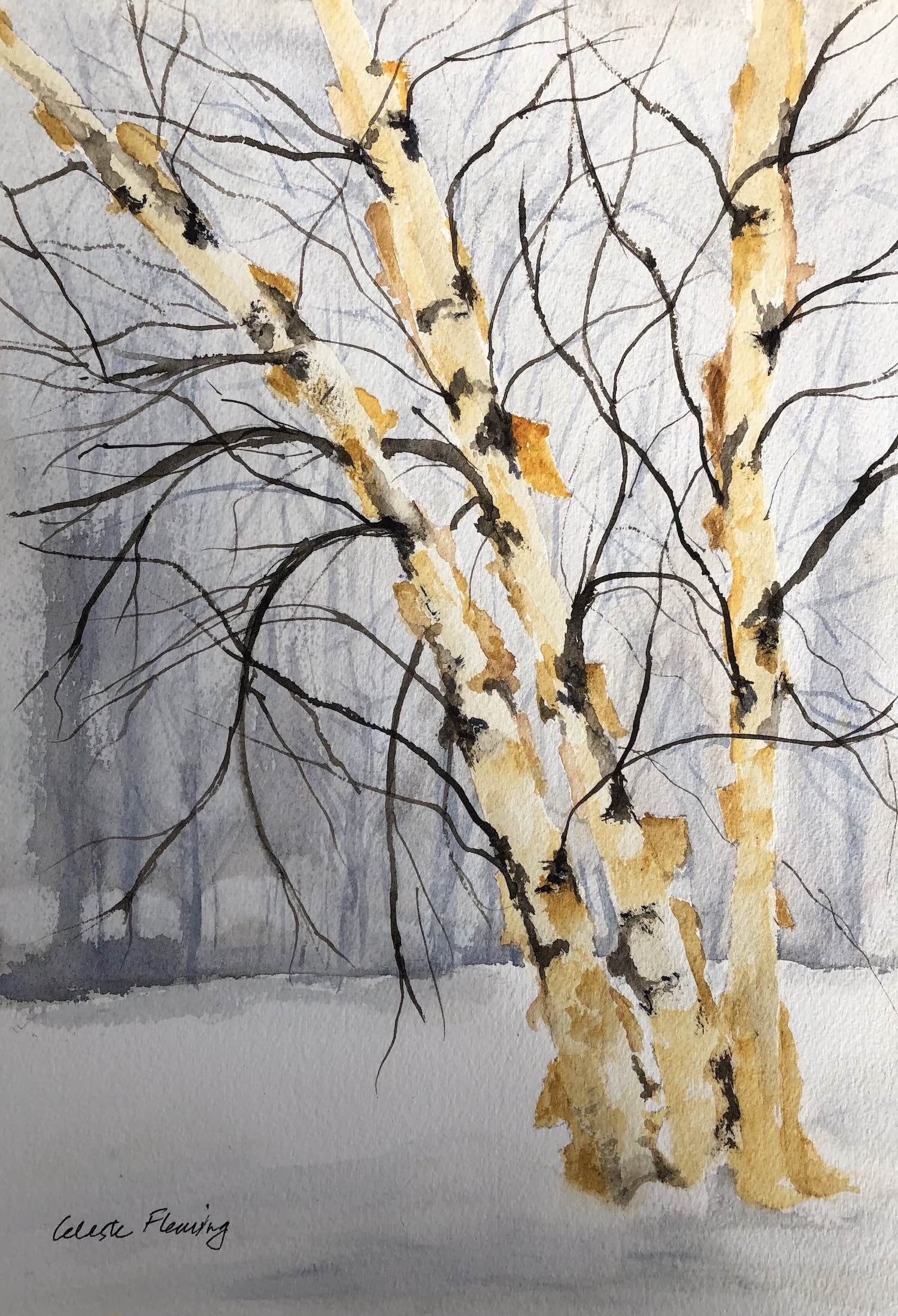 Paper Birches in Fog -SOLD