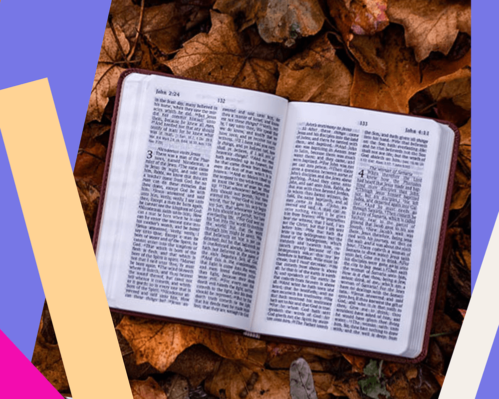 Open Bible on autumn leaves with purple and yellow geometric borders