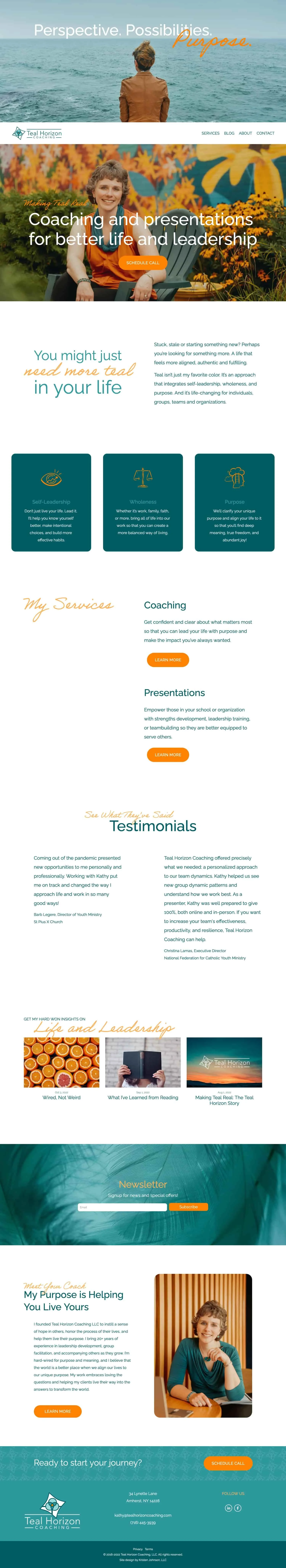A screenshot of the home page for Teal Horizon Coaching, designed by Kristen Johnson