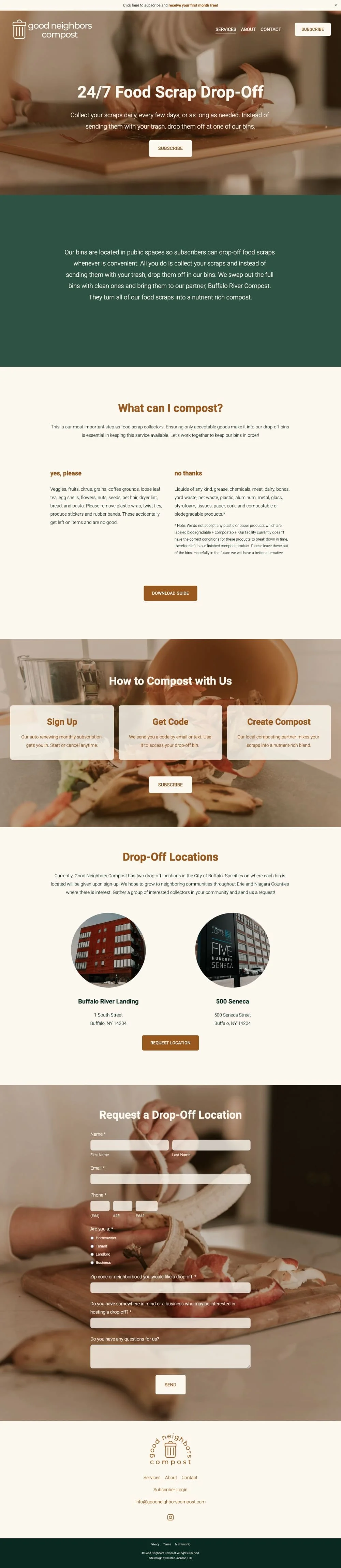 A screenshot of the Good Neighbors Compost website Services page