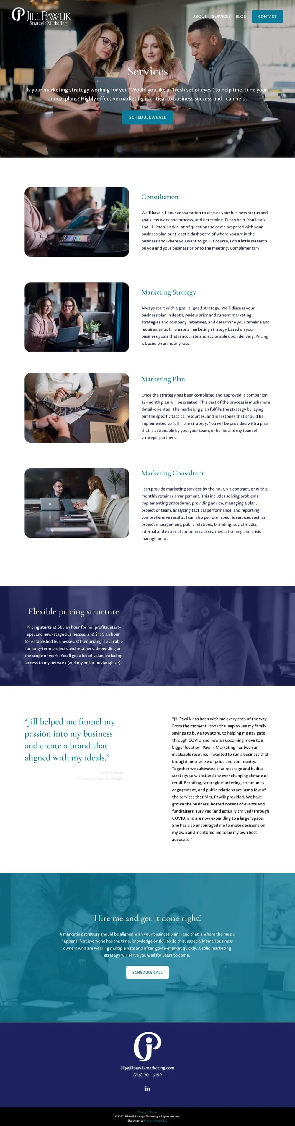 A screenshot of the new services page of Jill Pawlik's website, designed by Kristen Johnson