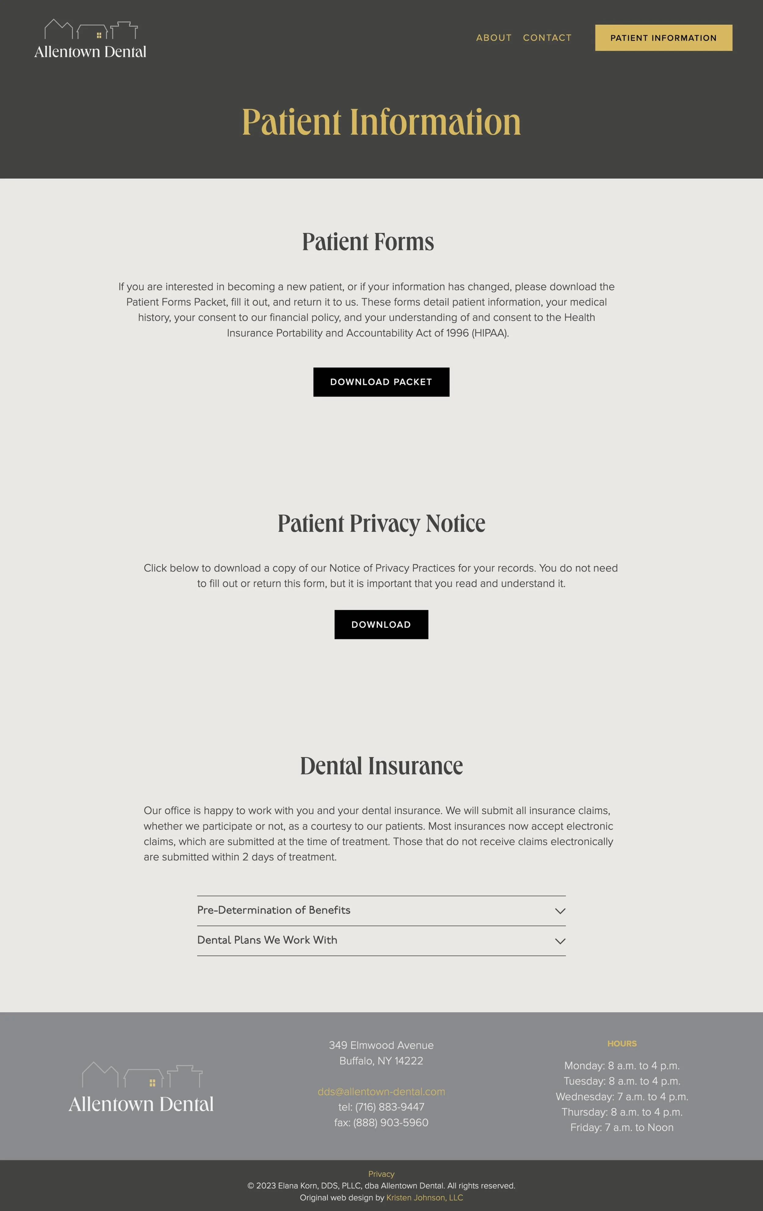A screenshot of the new Allentown Dental website Patient Information Page
