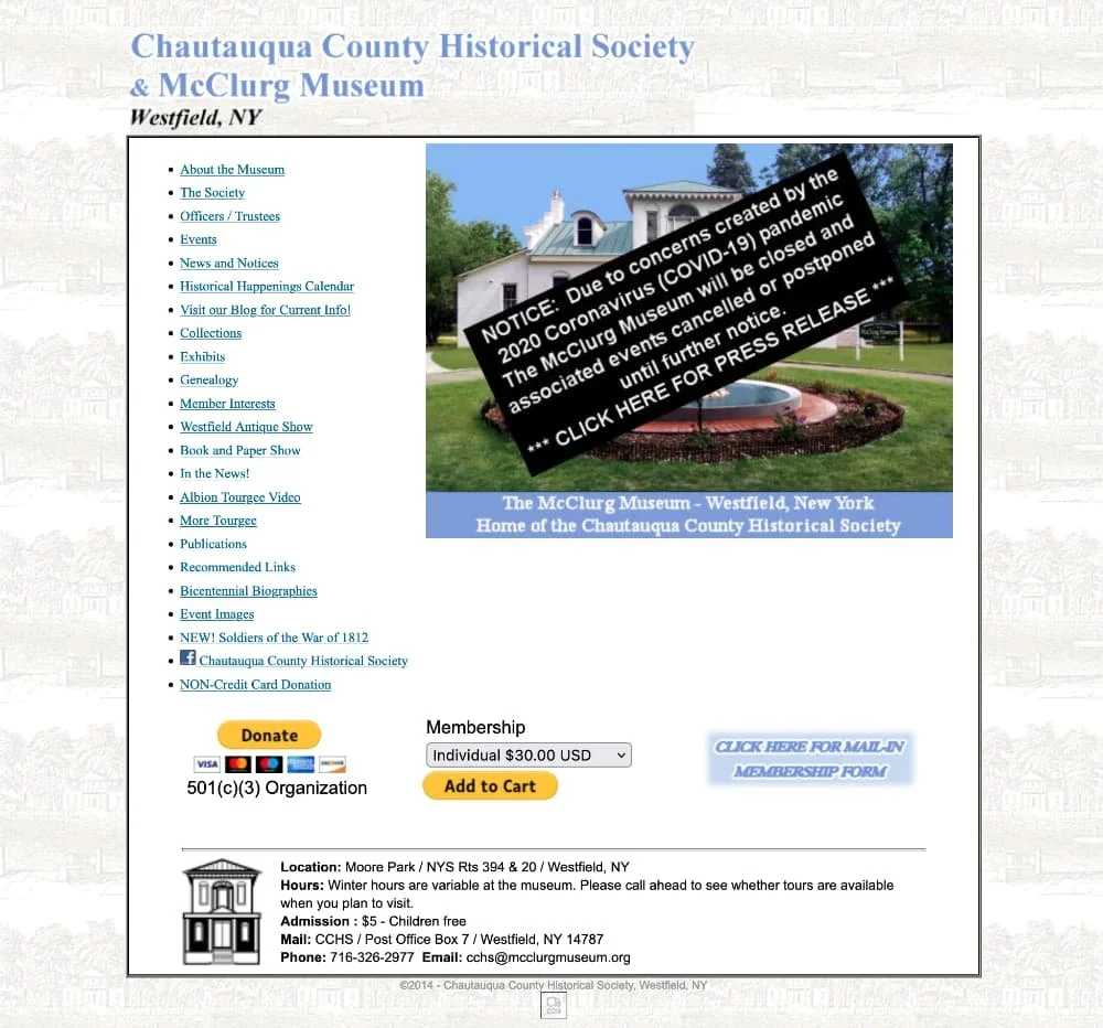 A screenshot of the former homepage for the CCHS & McClurg Museum website