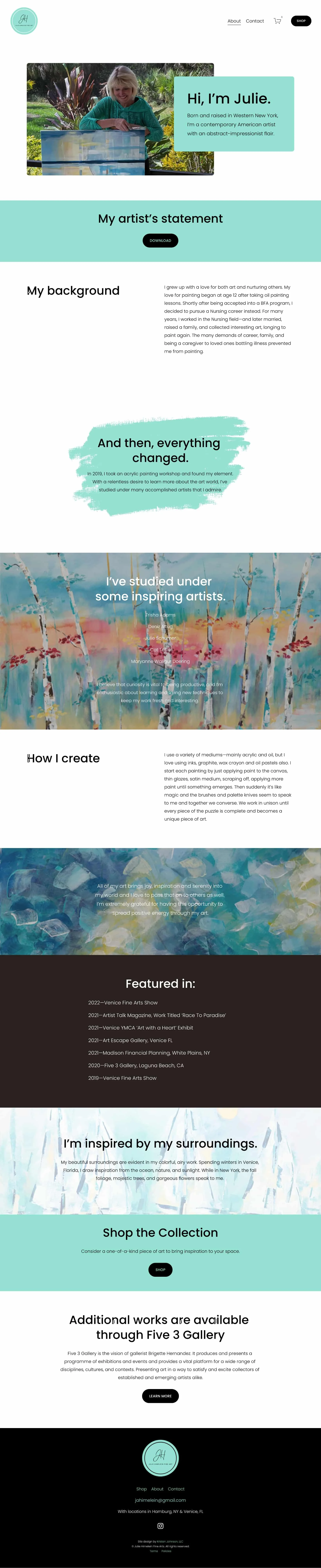 A screenshot the About page on Julie Himelein's new website