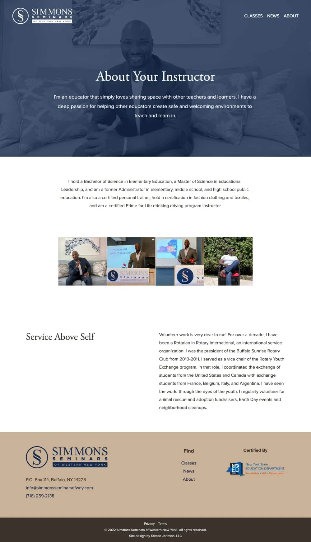 A screenshot of Stan Simmon's new website "About" page, designed by Kristen Johnson