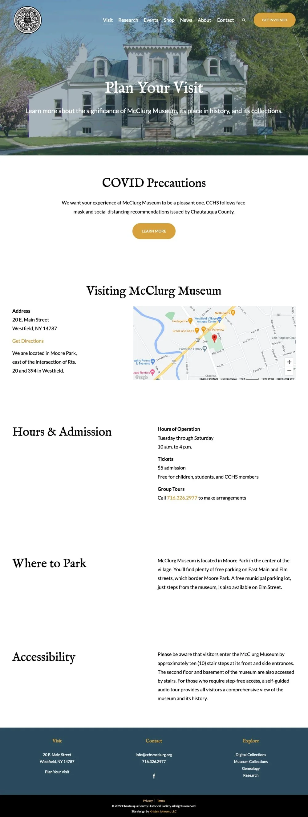 A screenshot of the new Plan Your Visit page on the CCHS website