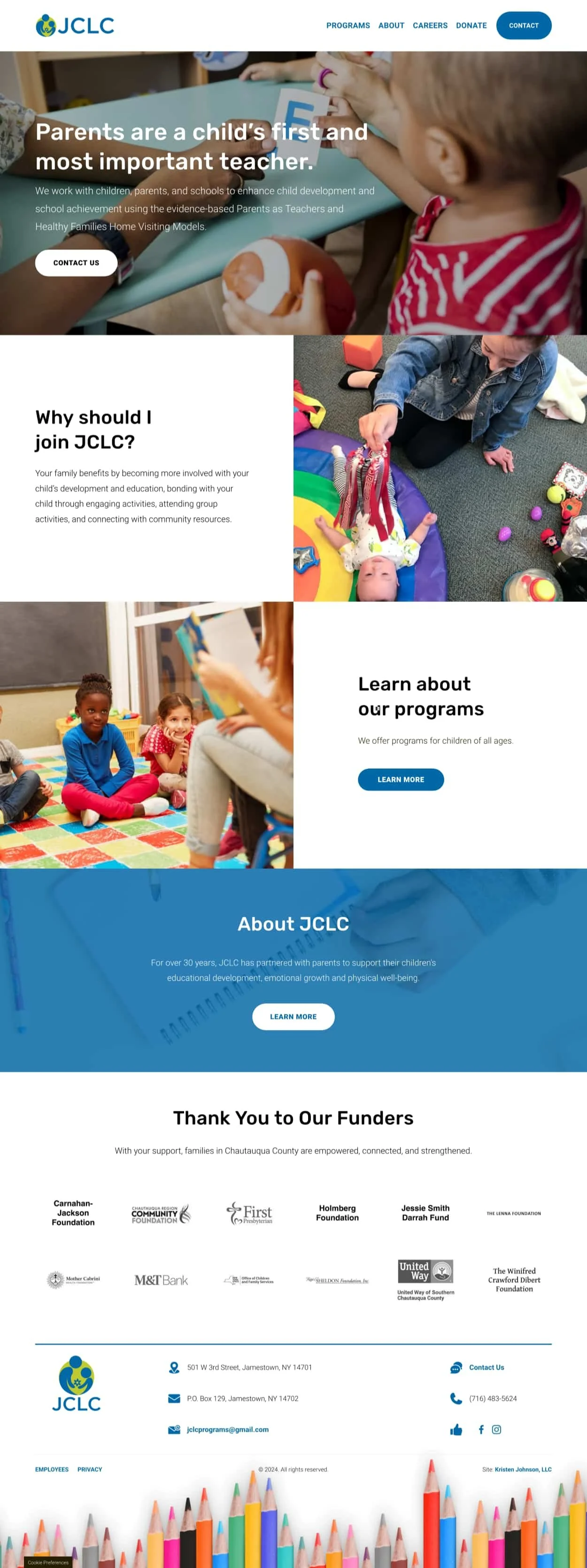 A screenshot of the Jamestown Community Learning Council's new website homepage