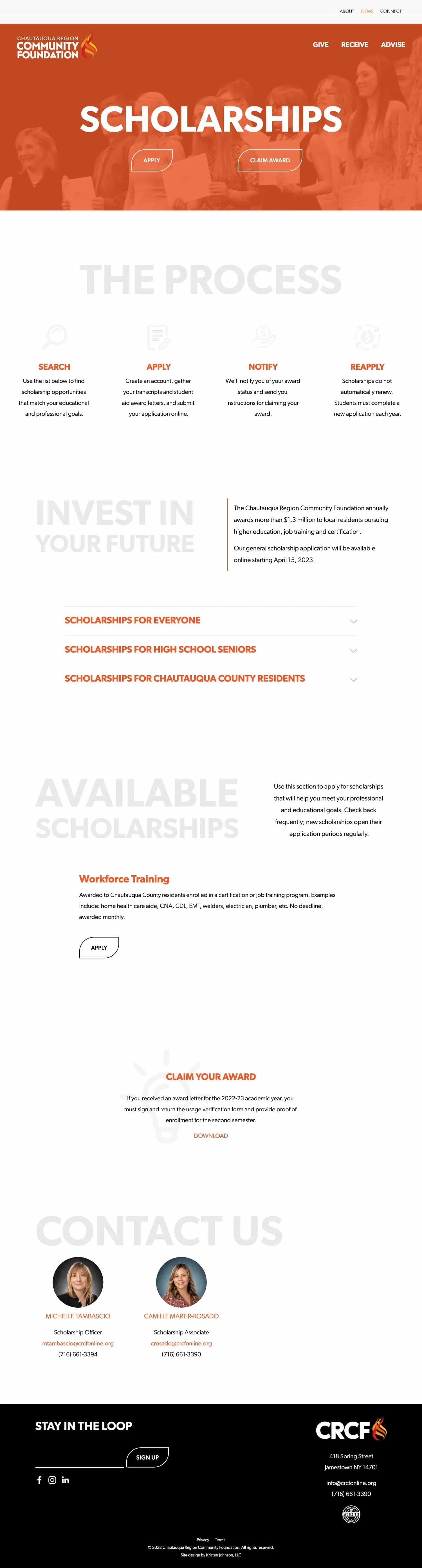 A screenshot of the new website for Chautauqua Region Community Foundation, designed by Kristen Johnson