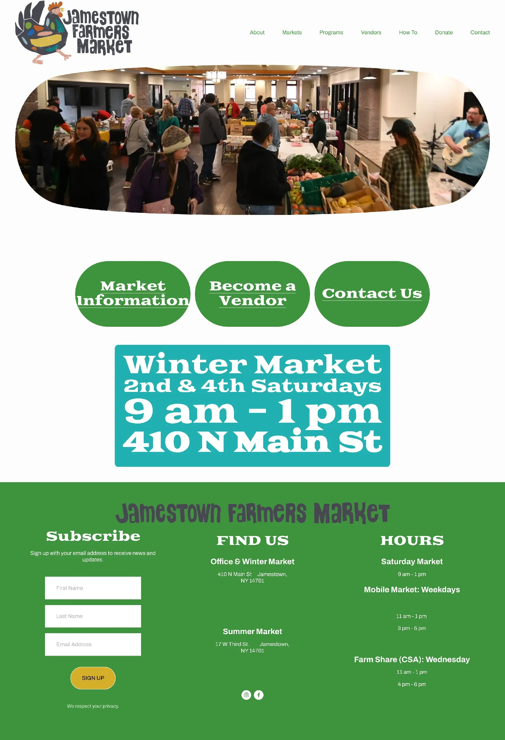 The home page of the old Jamestown Farmers Market website