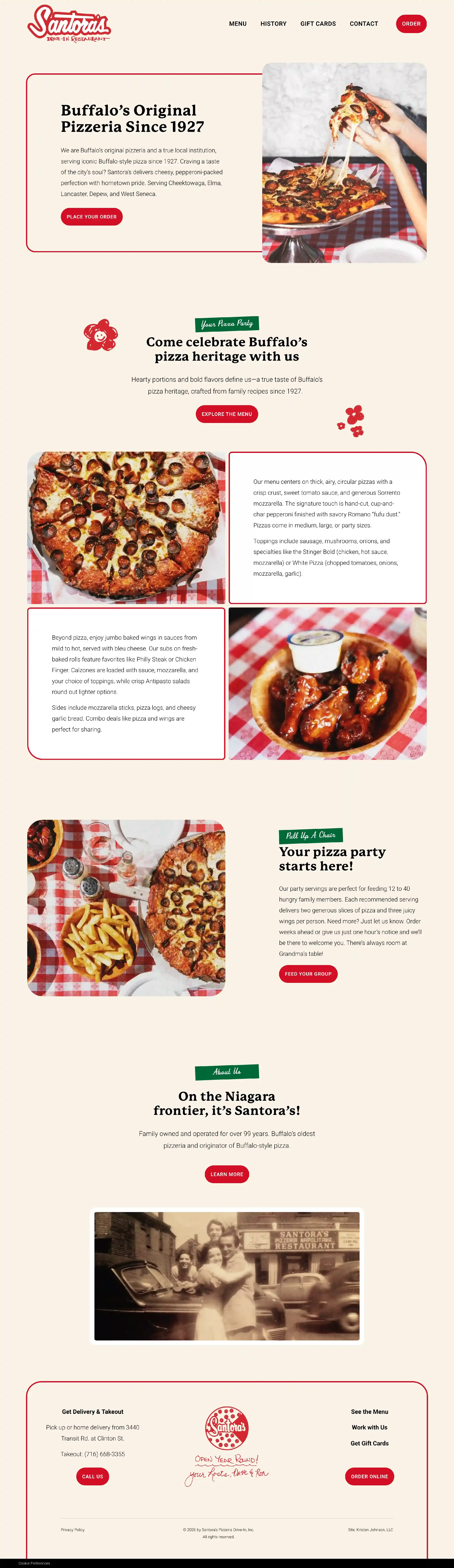 A screenshot of the new website home page for Santora's Pizzeria