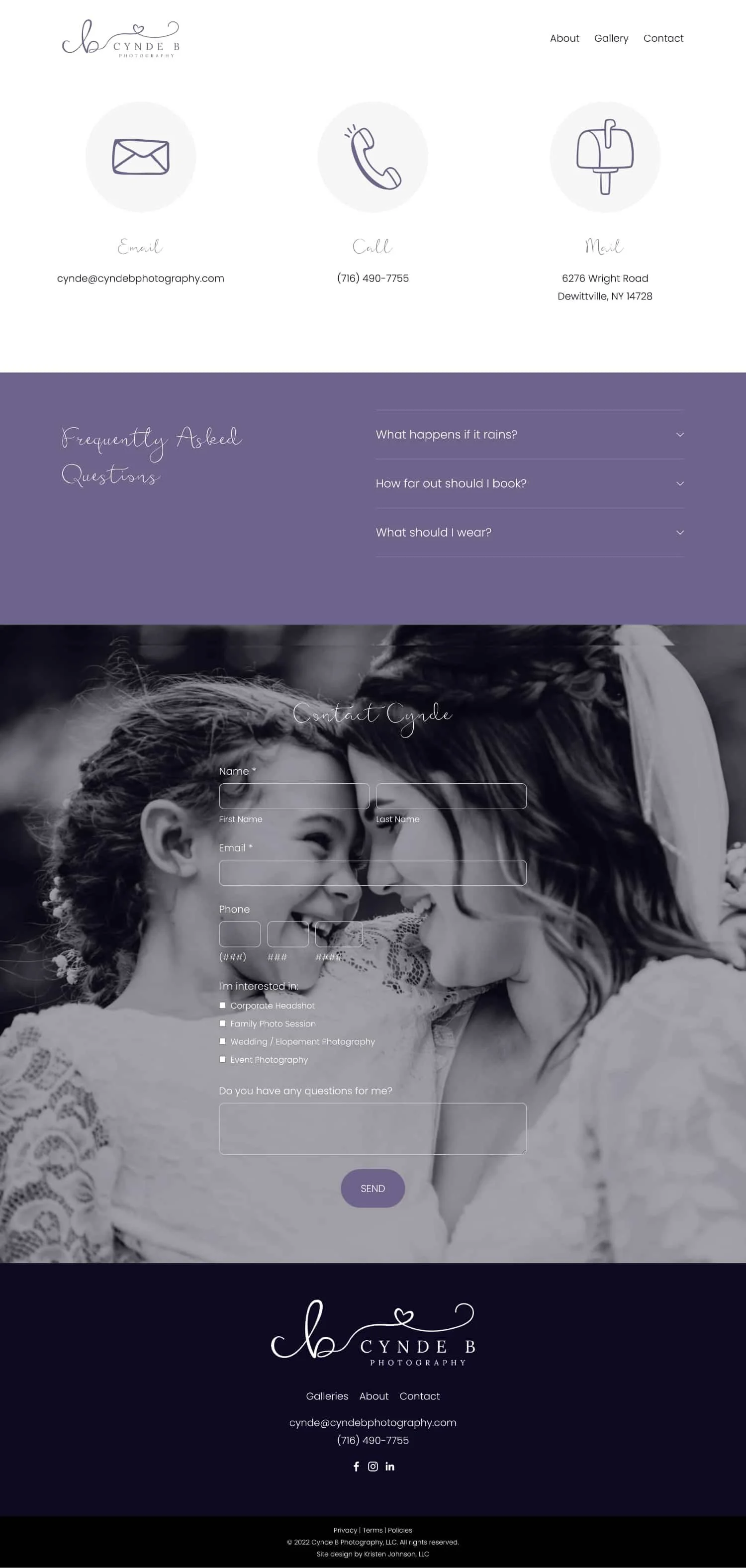A screenshot of the Contact page on Cynde B Photography's website, designed by Kristen Johnson