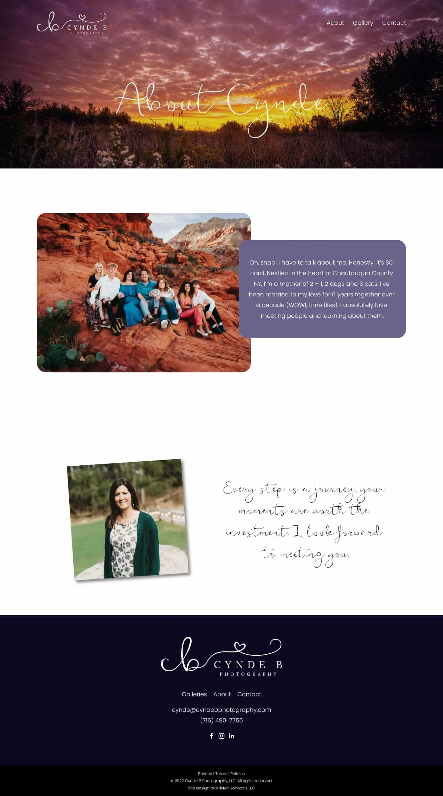 A screenshot of the About page on Cynde B Photography's website, designed by Kristen Johnson