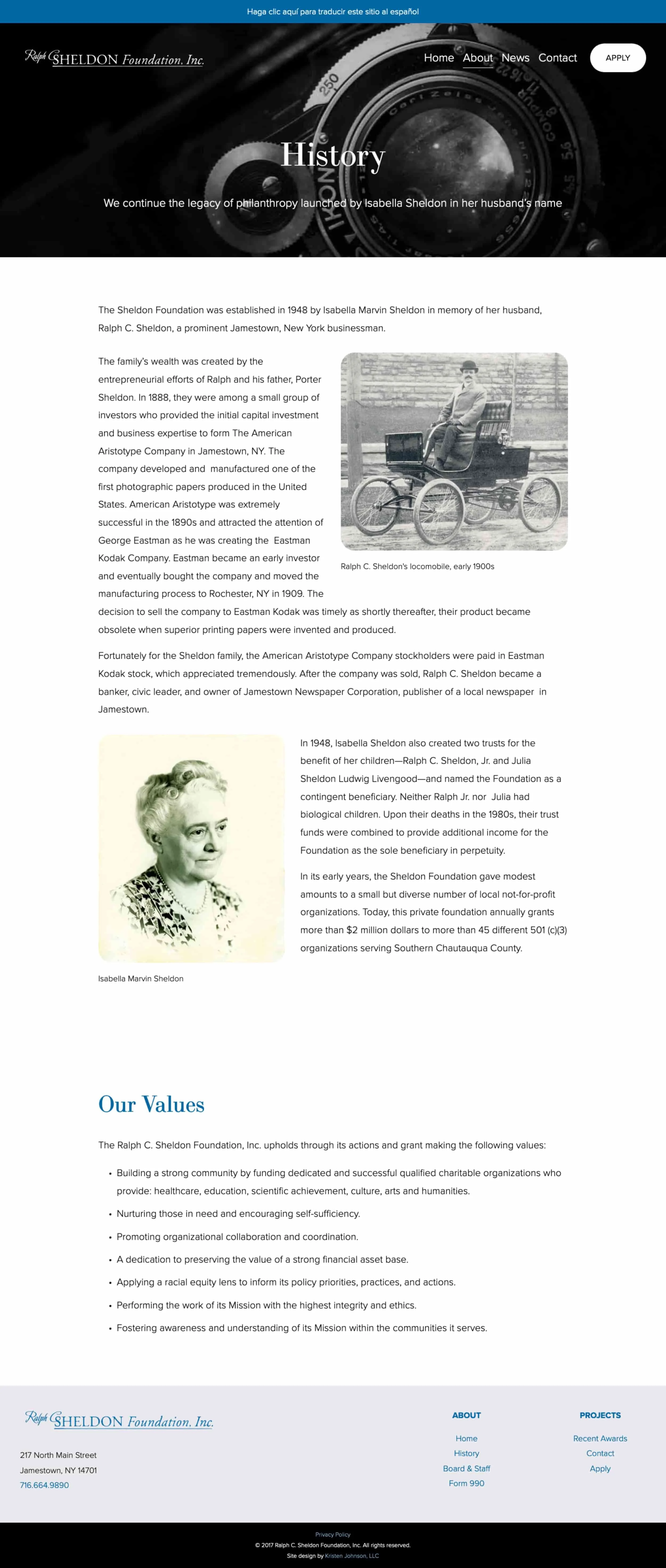 A screenshot of the Sheldon Foundation's new website History page