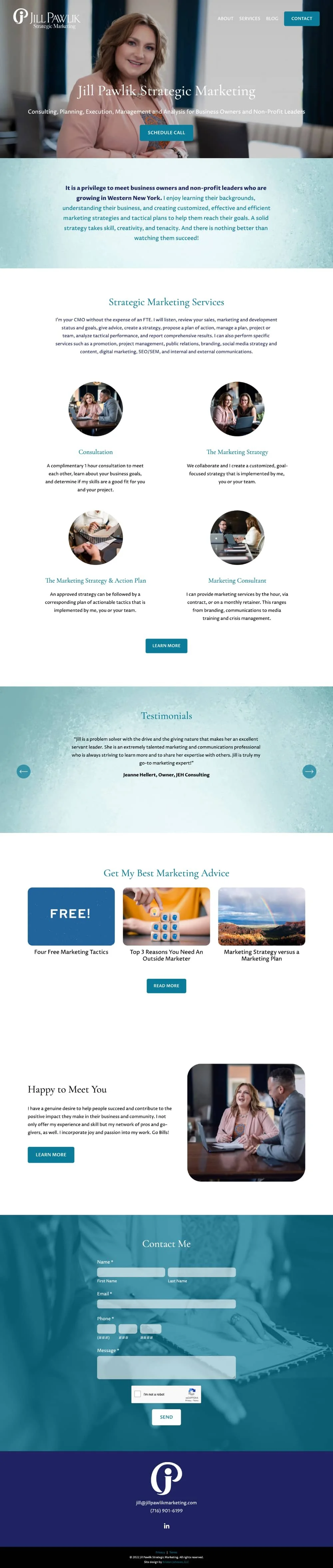 A screenshot of the new home page of Jill Pawlik's website, designed by Kristen Johnson