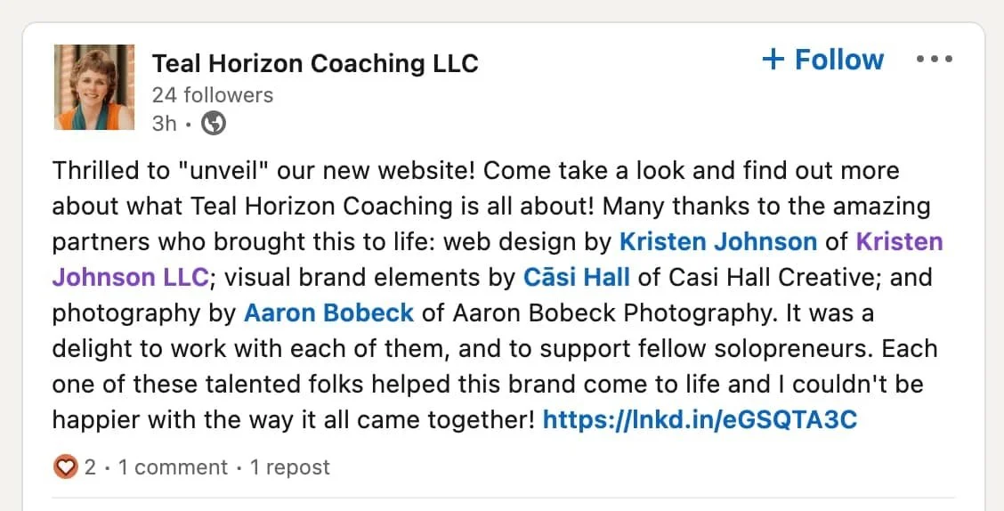 A screenshot of Kathy Goller's announcement on LinkedIn of her new website