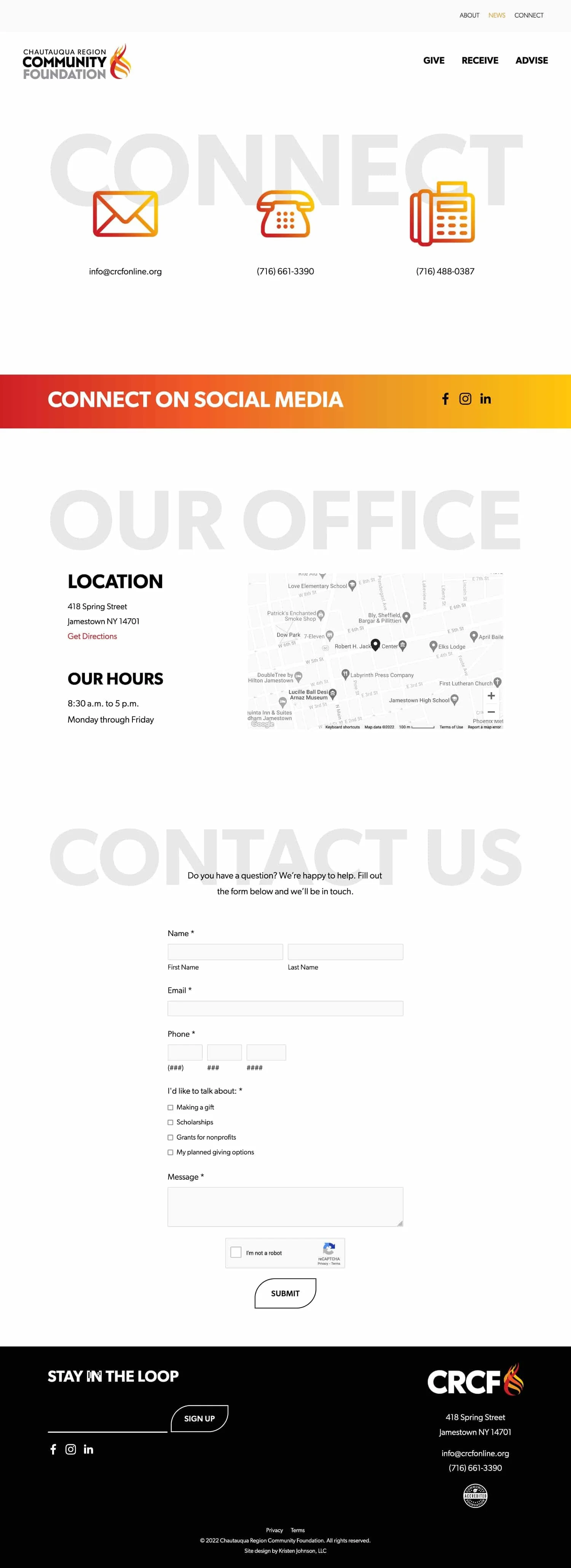 A screenshot of the new website for Chautauqua Region Community Foundation, designed by Kristen Johnson