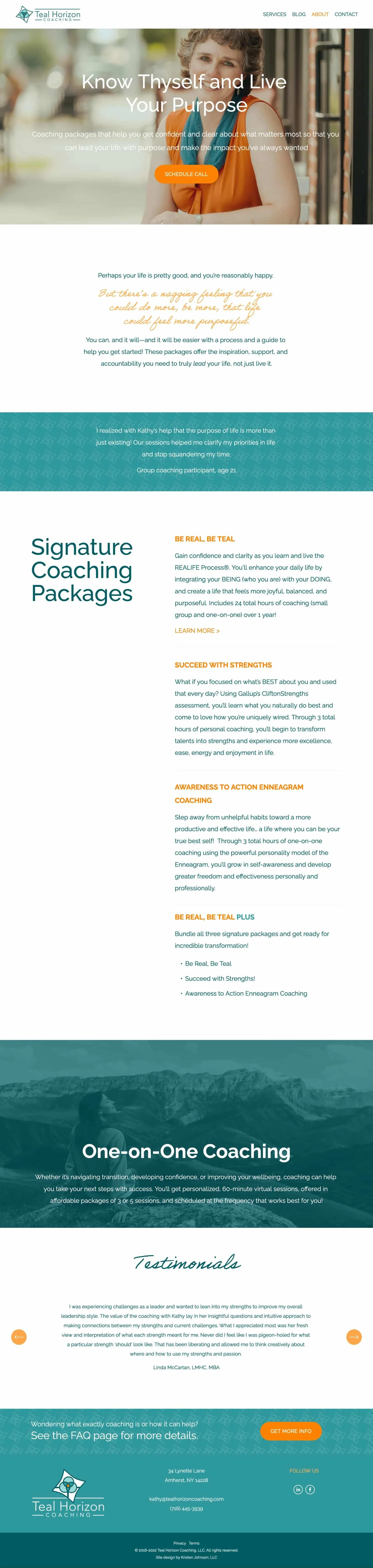 A screenshot of the Coaching page for Teal Horizon Coaching, designed by Kristen Johnson