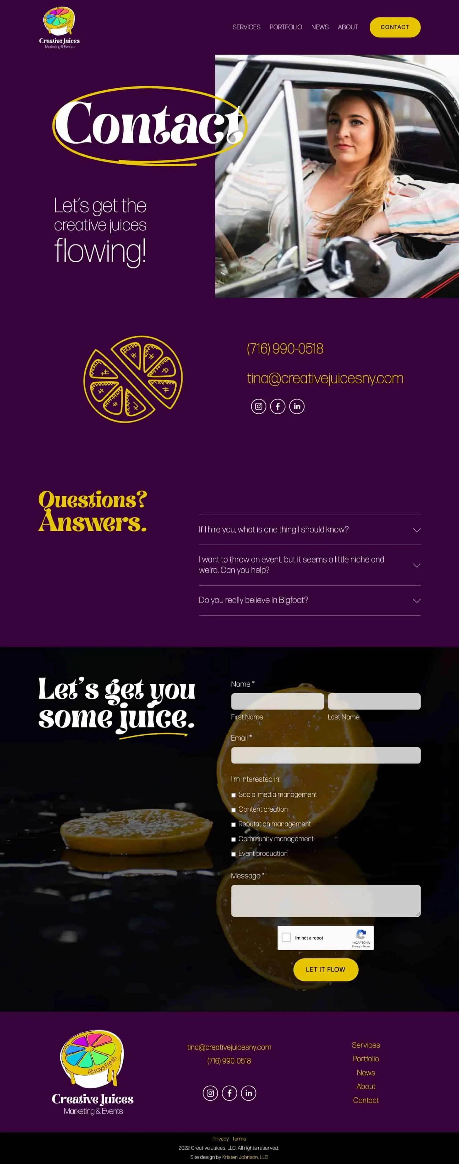 A screenshot of the Creative Juices website, designed by Kristen Johnson