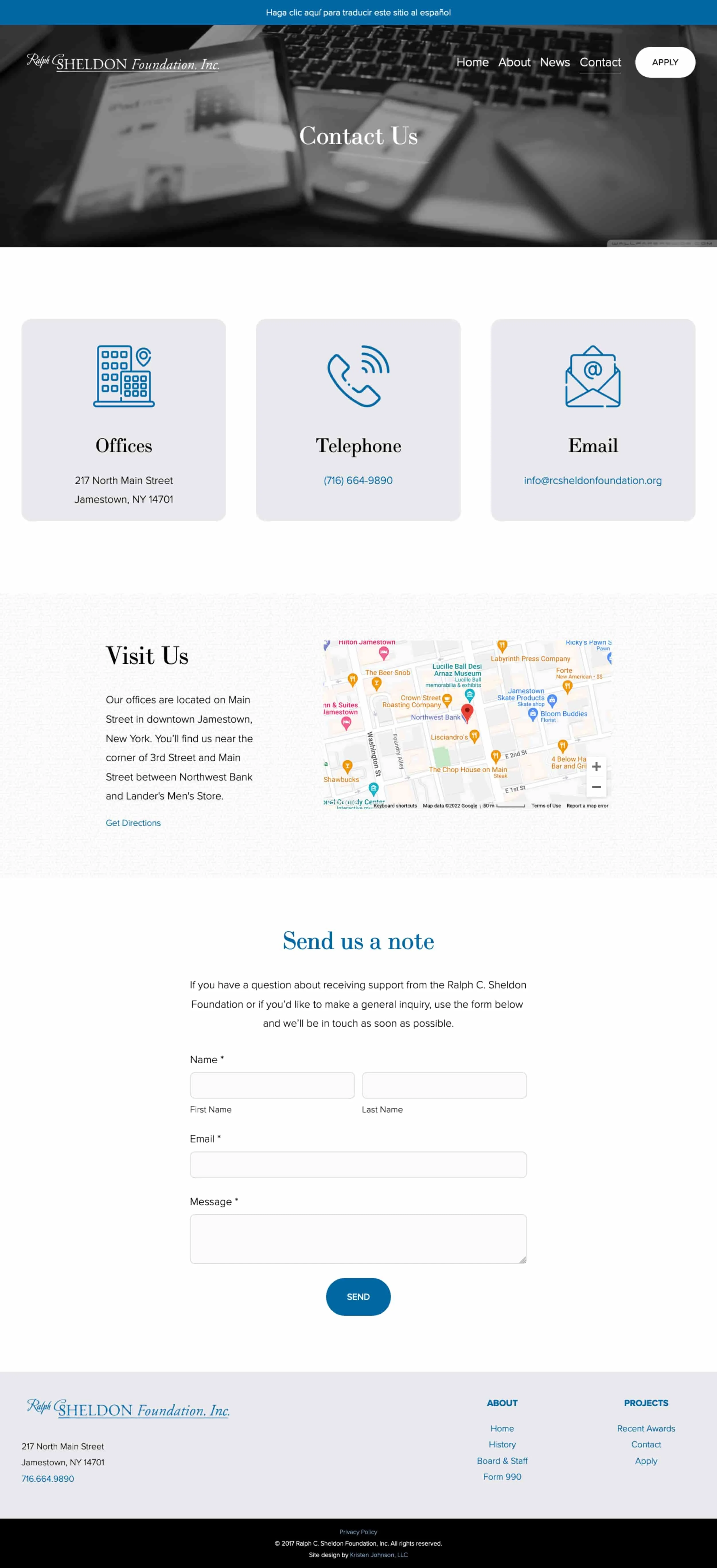 A screenshot of the Sheldon Foundation's new website Contact page