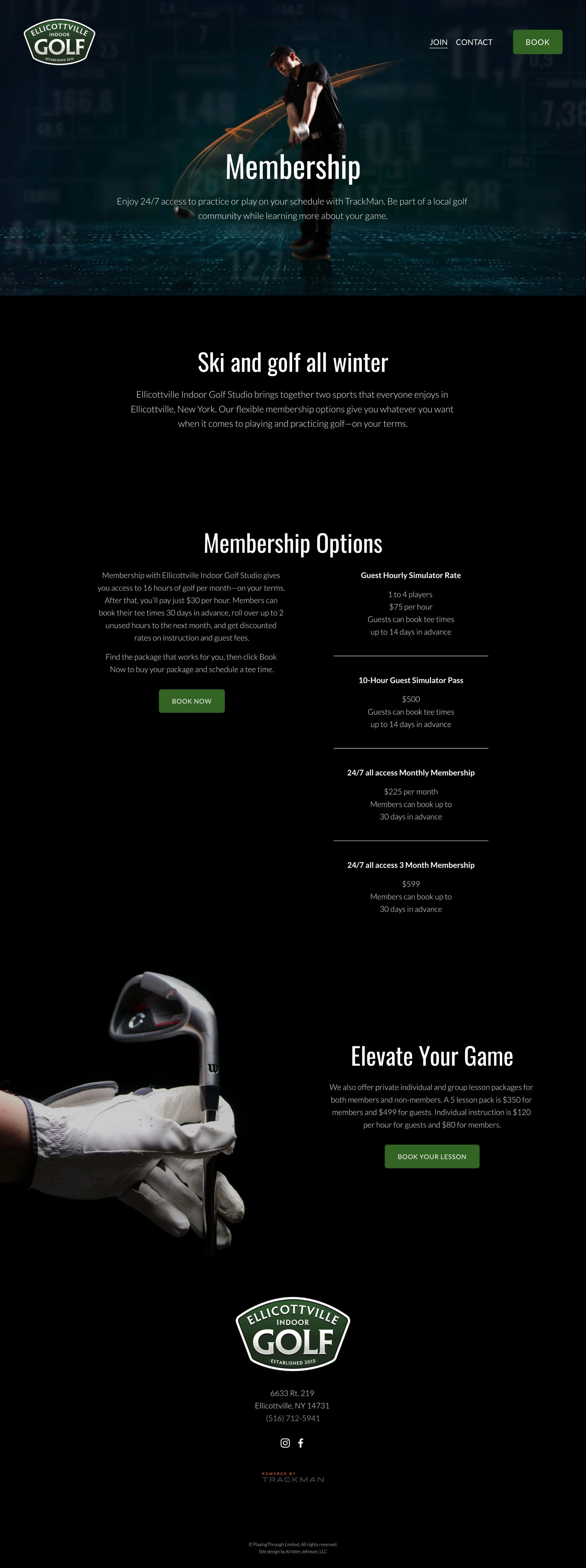 A screenshot of the membership page on the Ellicottville Indoor Golf website
